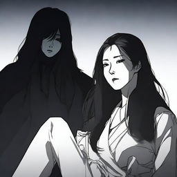 A long-haired Korean female main character, with her face covered in shadow, standing over the dead body of her victim in a dramatic scene