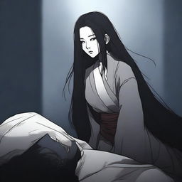 A long-haired Korean female main character, with her face covered in shadow, standing over the dead body of her victim in a dramatic scene