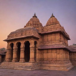 The Ayodhya Ram Temple in the sunset, its golden-hued stone work reflecting the last rays of the day, standing majestically against a sky streaked with oranges and purples.