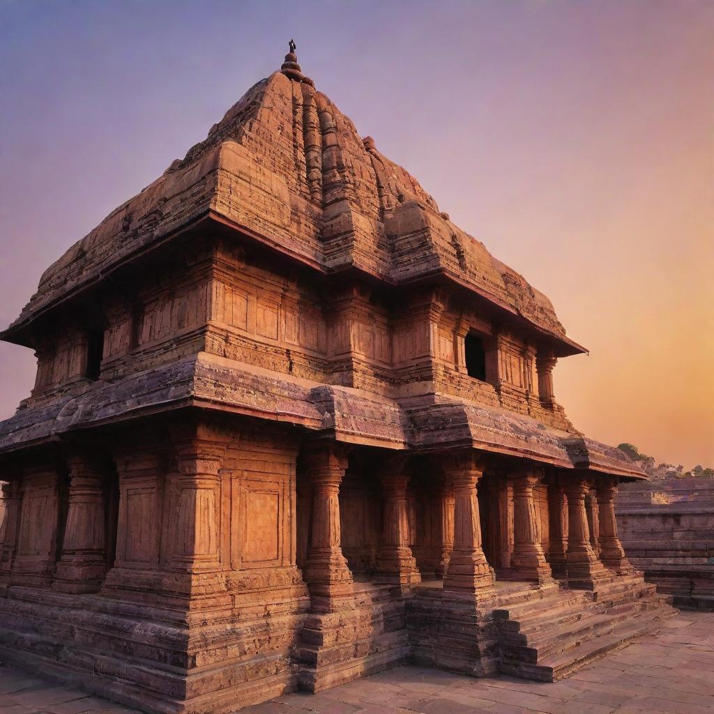 The Ayodhya Ram Temple in the sunset, its golden-hued stone work reflecting the last rays of the day, standing majestically against a sky streaked with oranges and purples.