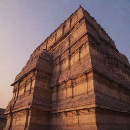 The Ayodhya Ram Temple in the sunset, its golden-hued stone work reflecting the last rays of the day, standing majestically against a sky streaked with oranges and purples.