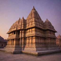 The Ayodhya Ram Temple in the sunset, its golden-hued stone work reflecting the last rays of the day, standing majestically against a sky streaked with oranges and purples.