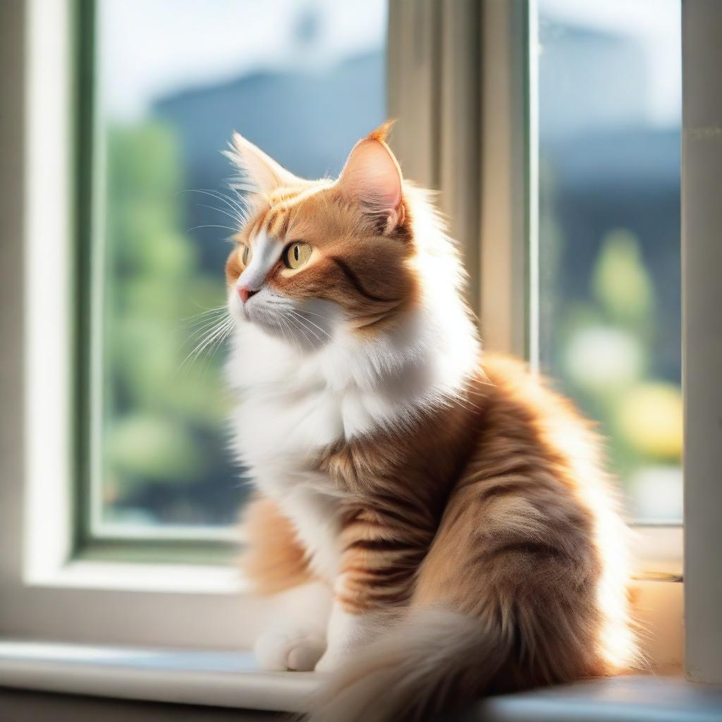 A cute and fluffy cat sitting on a cozy windowsill, looking outside with curiosity