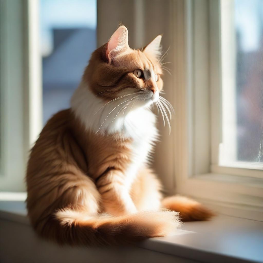 A cute and fluffy cat sitting on a cozy windowsill, looking outside with curiosity