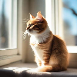 A cute and fluffy cat sitting on a cozy windowsill, looking outside with curiosity