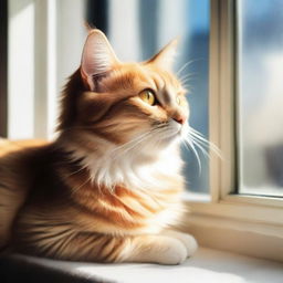 A cute and fluffy cat sitting on a cozy windowsill, looking outside with curiosity