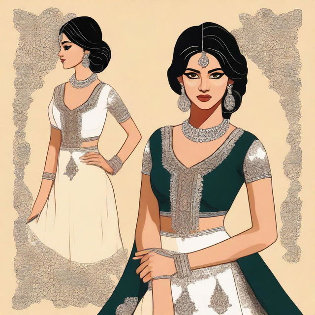 Create an illustration of an Indian girl wearing a stylish and sexy dress