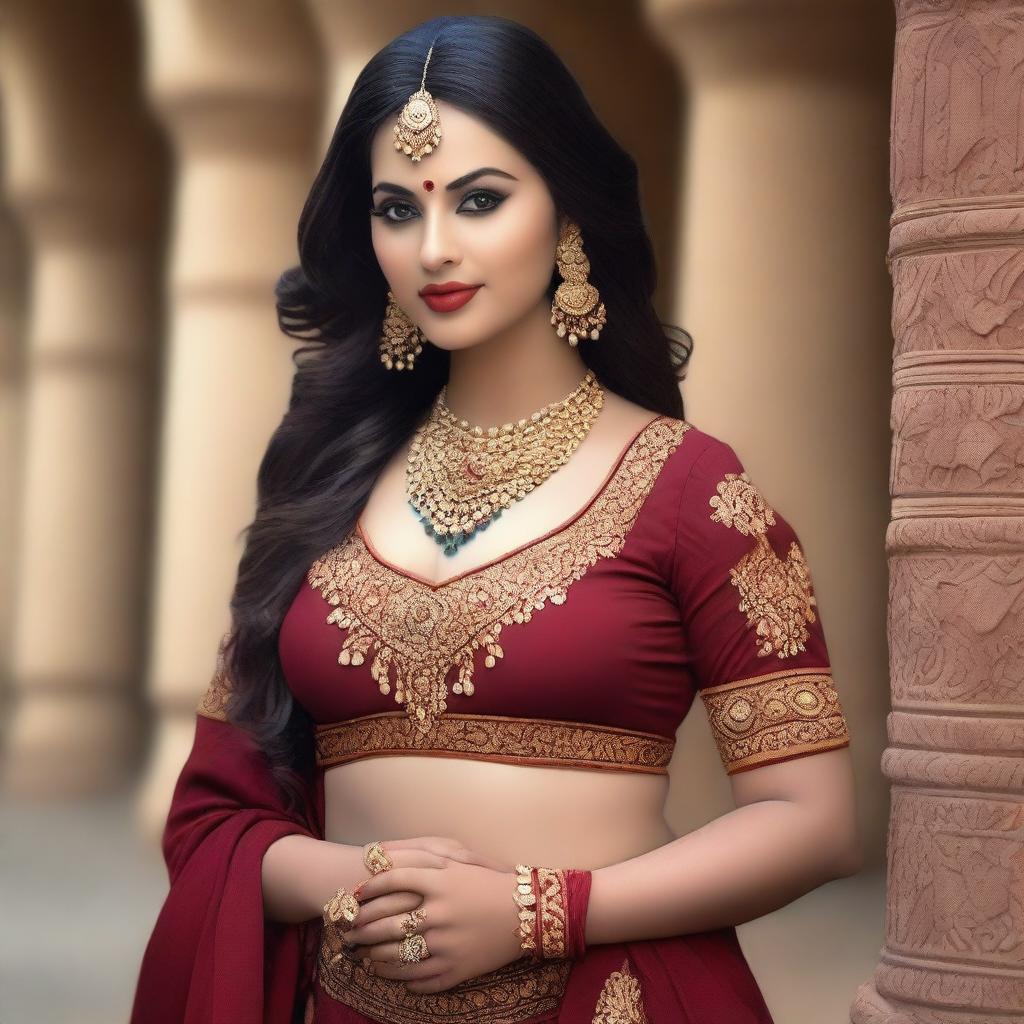 Create a photo-realistic image of an attractive woman with a voluptuous figure, wearing a traditional Indian dress