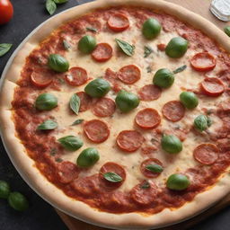 An appetizing pizza with a perfect blend of melted cheese, fresh basil, tangy tomato sauce, assorted toppings, on a thin, crispy crust.