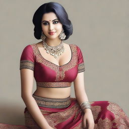 Create a photo-realistic image of an attractive woman with a voluptuous figure, wearing a traditional Indian dress