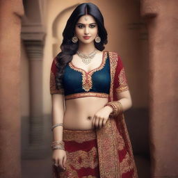 Create a photo-realistic image of an attractive woman with a voluptuous figure, wearing a traditional Indian dress