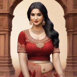 Create a photo-realistic image of an attractive woman with a voluptuous figure, wearing a traditional Indian dress