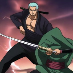 A dramatic scene featuring Roronoa Zoro delivering the final blow to Dracule Mihawk in an intense sword fight