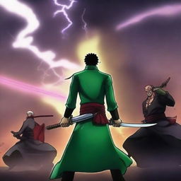 A dramatic scene featuring Roronoa Zoro delivering the final blow to Dracule Mihawk in an intense sword fight