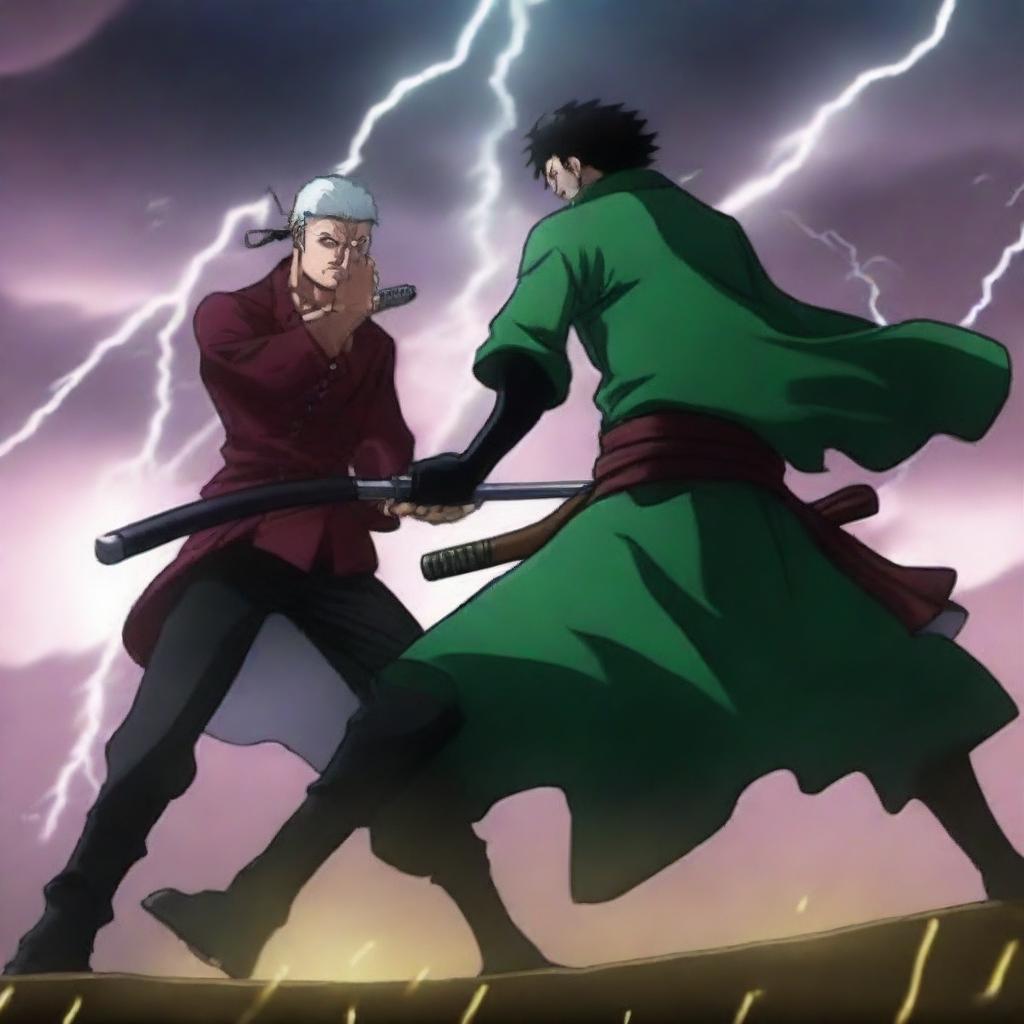 A dramatic scene featuring Roronoa Zoro delivering the final blow to Dracule Mihawk in an intense sword fight