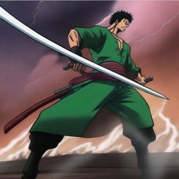 A dramatic scene featuring Roronoa Zoro delivering the final blow to Dracule Mihawk in an intense sword fight