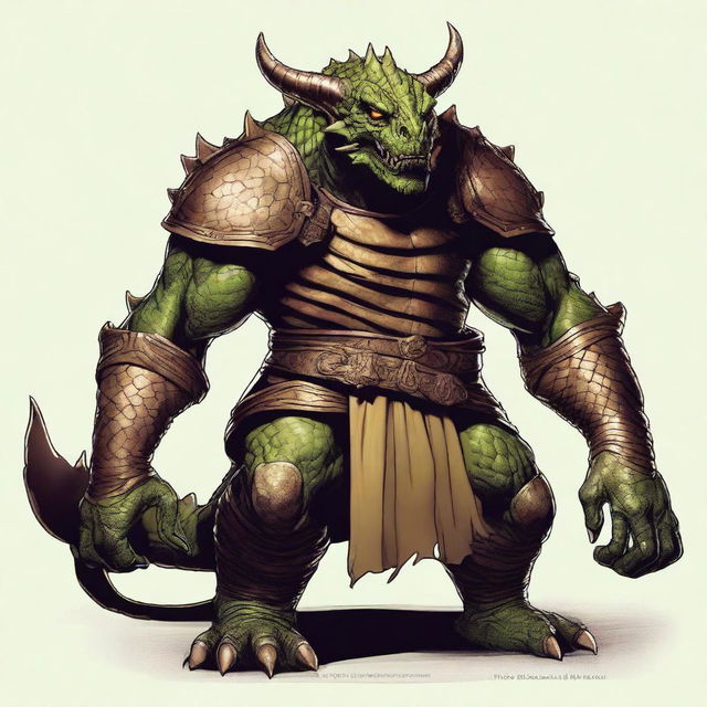 A detailed illustration of a bronze dragonborn from Dungeons & Dragons