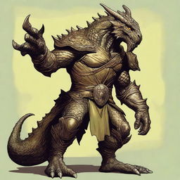 A detailed illustration of a bronze dragonborn from Dungeons & Dragons