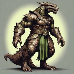 A detailed illustration of a bronze dragonborn from Dungeons & Dragons