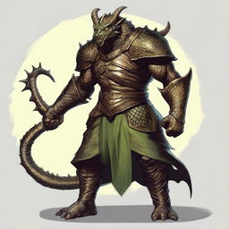 A detailed illustration of a bronze dragonborn from Dungeons & Dragons