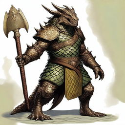 A detailed illustration of a bronze dragonborn from Dungeons & Dragons