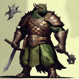 A detailed illustration of a bronze dragonborn from Dungeons & Dragons