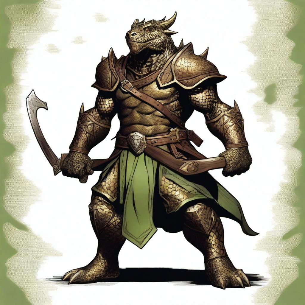 A detailed illustration of a bronze dragonborn from Dungeons & Dragons