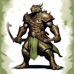 A detailed illustration of a bronze dragonborn from Dungeons & Dragons