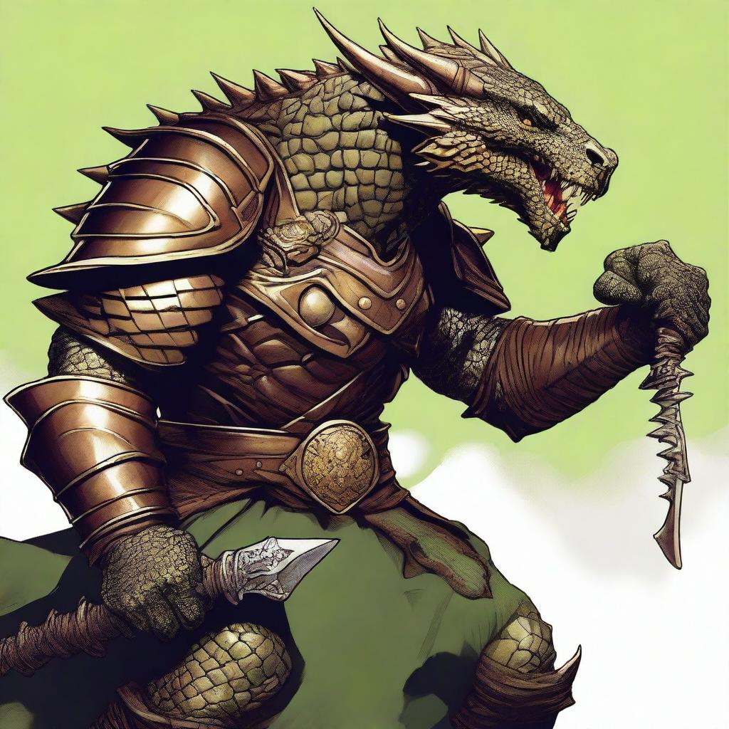 A detailed illustration of a bronze dragonborn from Dungeons & Dragons