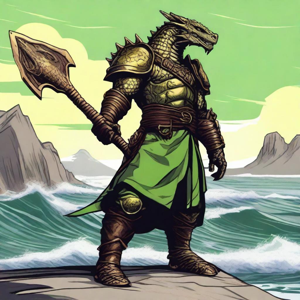 A detailed illustration of a bronze dragonborn from Dungeons & Dragons standing by the sea