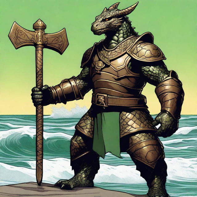 A detailed illustration of a bronze dragonborn from Dungeons & Dragons standing by the sea