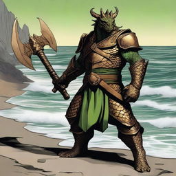 A detailed illustration of a bronze dragonborn from Dungeons & Dragons standing by the sea