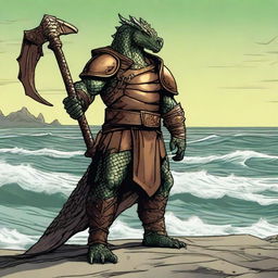 A detailed illustration of a bronze dragonborn from Dungeons & Dragons standing by the sea