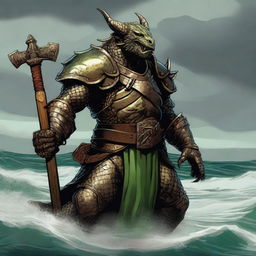 A detailed illustration of a bronze dragonborn from Dungeons & Dragons standing by a stormy sea