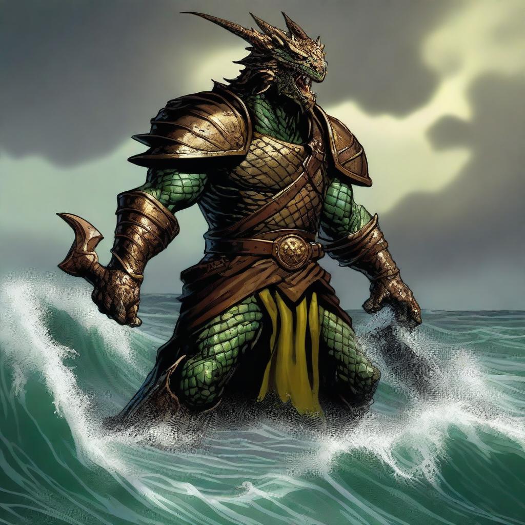 A detailed illustration of a bronze dragonborn from Dungeons & Dragons standing by a stormy sea