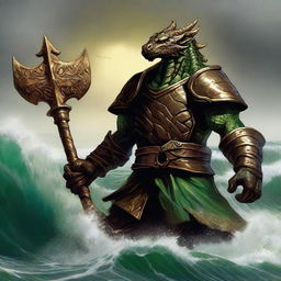 A detailed illustration of a bronze dragonborn from Dungeons & Dragons standing by a stormy sea