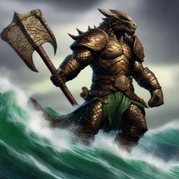 A detailed illustration of a bronze dragonborn from Dungeons & Dragons standing by a stormy sea