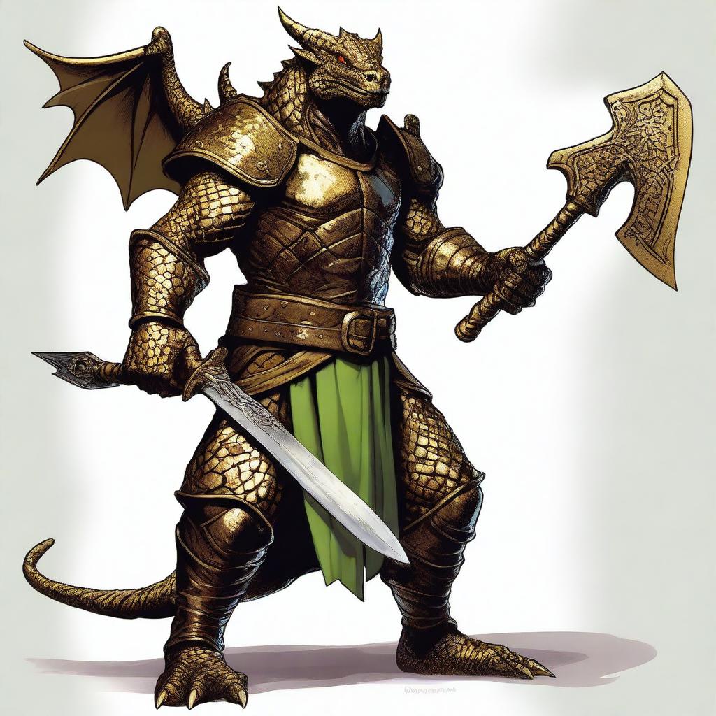 A detailed illustration of a bronze dragonborn from Dungeons & Dragons