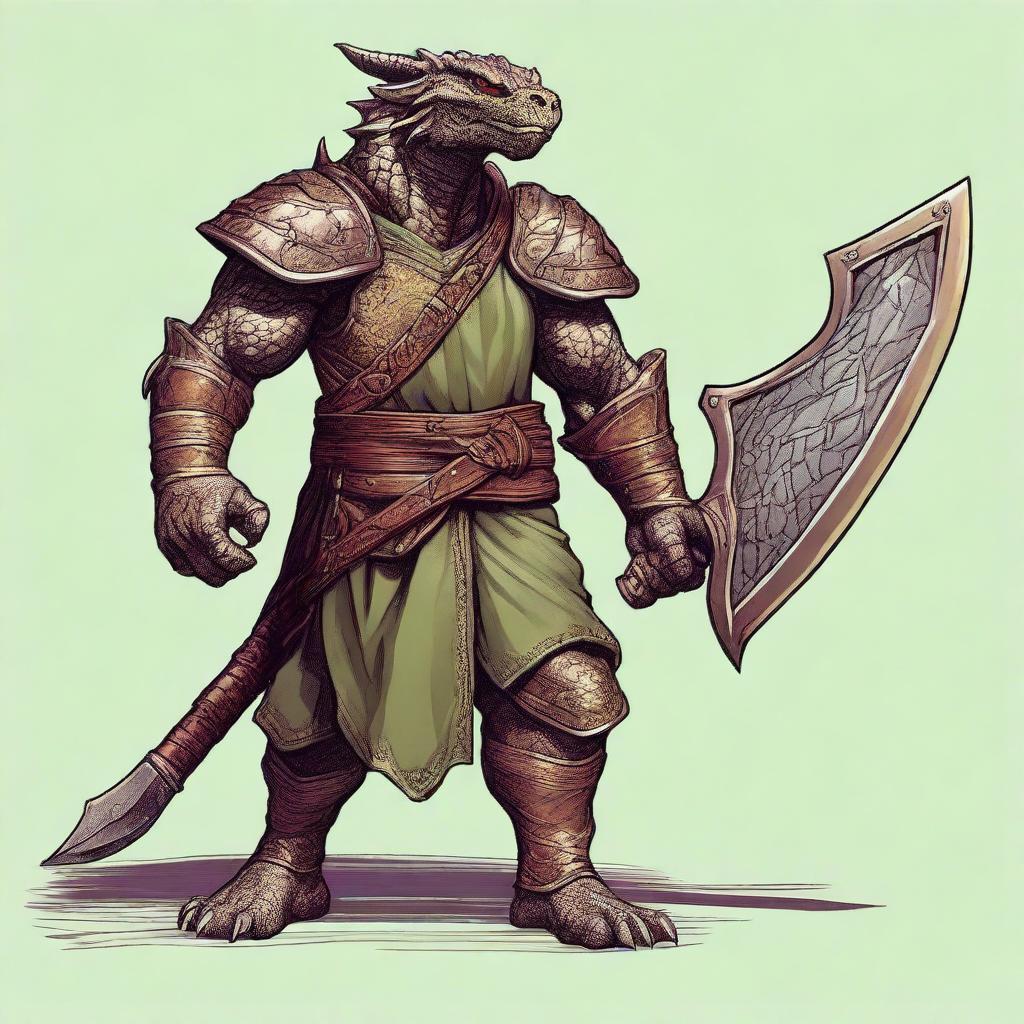 A detailed illustration of a bronze dragonborn from Dungeons & Dragons