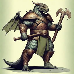 A detailed illustration of a bronze dragonborn from Dungeons & Dragons standing outside