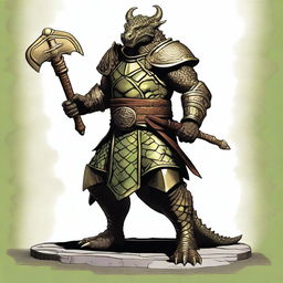 A detailed illustration of a bronze dragonborn from Dungeons & Dragons standing outside