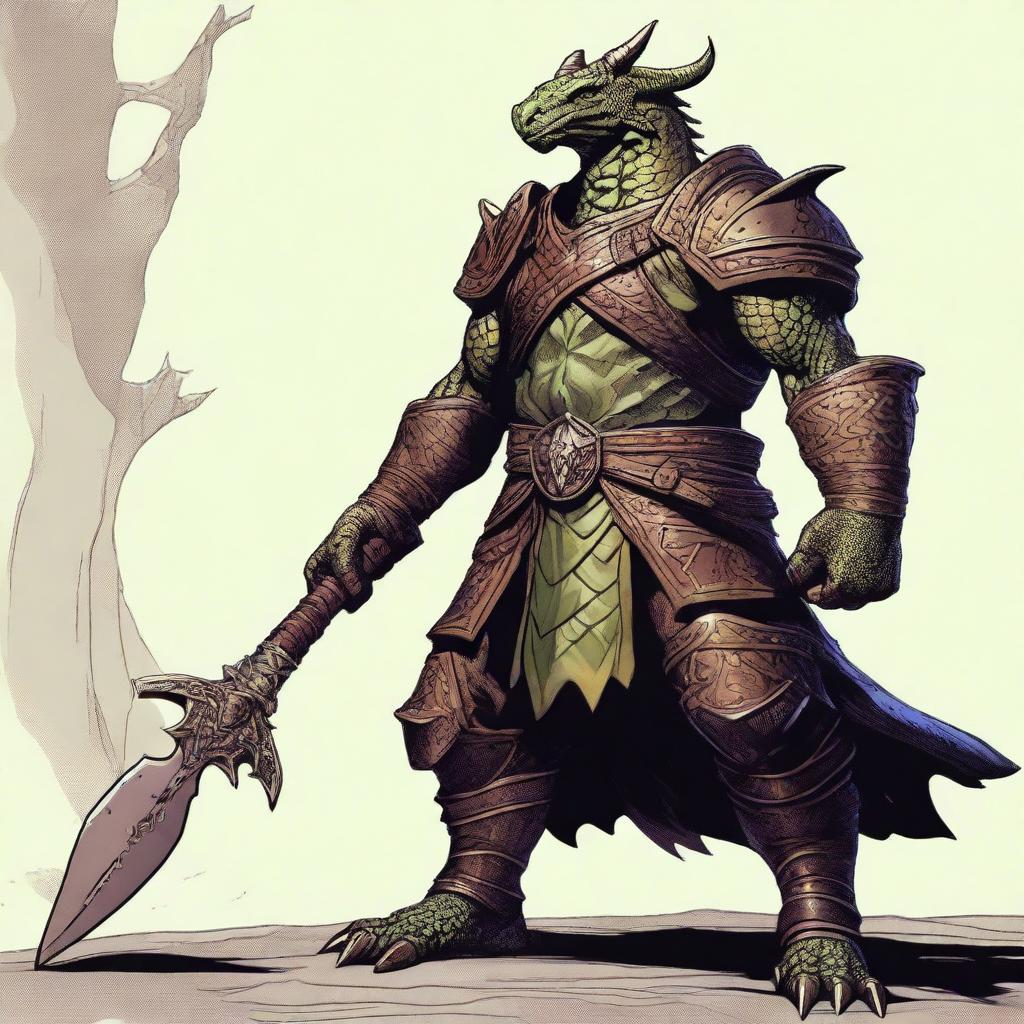 A detailed illustration of a bronze dragonborn from Dungeons & Dragons standing outside