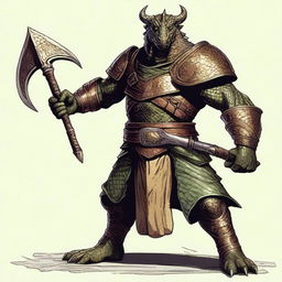 A detailed illustration of a bronze dragonborn from Dungeons & Dragons standing outside