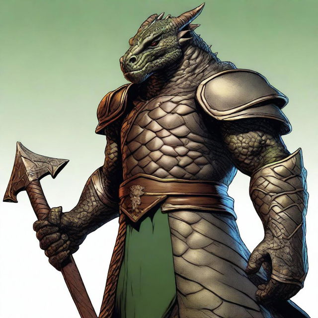 A realistic and detailed illustration of a bronze dragonborn from Dungeons & Dragons standing outside