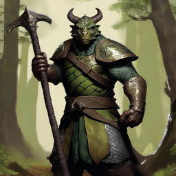 A realistic portrait of a bronze dragonborn from Dungeons & Dragons standing in a forest