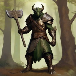 A realistic portrait of a bronze dragonborn from Dungeons & Dragons standing in a forest