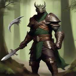 A realistic portrait of a bronze dragonborn from Dungeons & Dragons standing in a forest