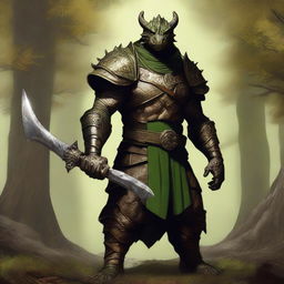 A realistic portrait of a bronze dragonborn from Dungeons & Dragons standing in a forest