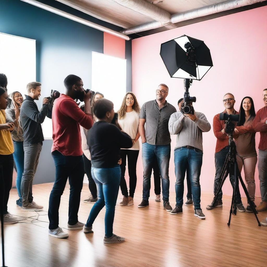 Create an image representing a vibrant and diverse photo and video community, showcasing people of different backgrounds engaging in photography and videography activities