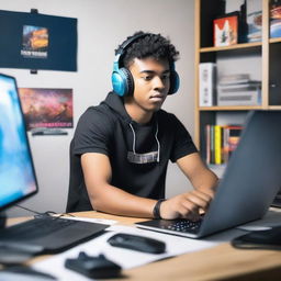 A university student who is also a gamer, sitting at a desk with a laptop and gaming gear